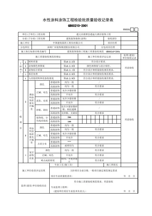 水性涂料涂饰工程检验批质量验收记录表