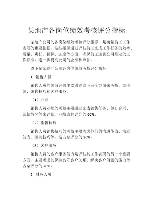 某地产各岗位绩效考核评分指标