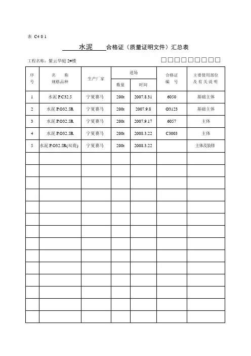 C4-0-1合格证质量证明文件汇总表(水泥及砖及其它)