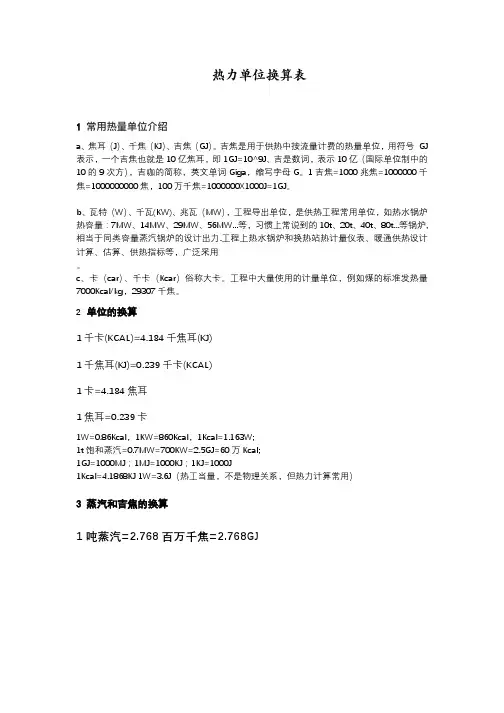 锅炉热力单位换算表