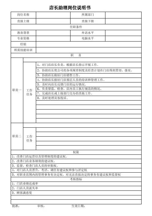 店长助理岗位说明书