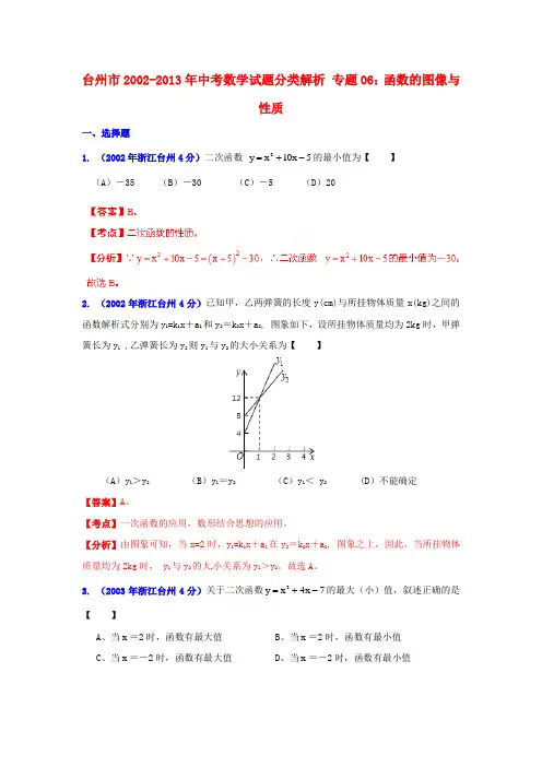 【2013版中考12年】浙江省台州市2002-2013年中考数学试题分类解析 专题06 函数的图像与