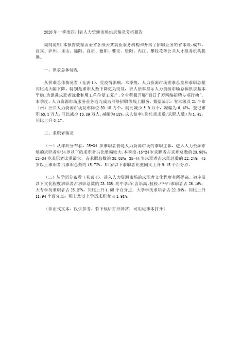 2020年一季度四川省人力资源市场供求情况分析报告
