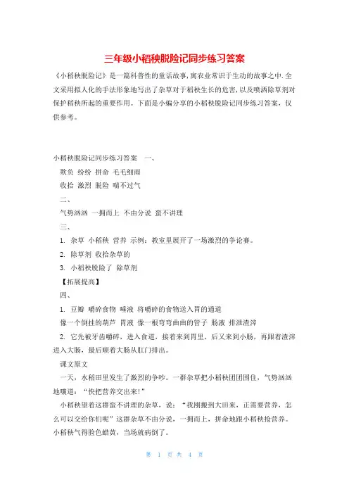 三年级小稻秧脱险记同步练习答案