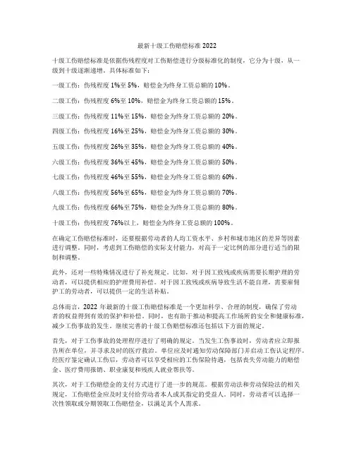 最新十级工伤赔偿标准2022