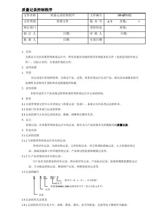 QP0402质量记录控制程序