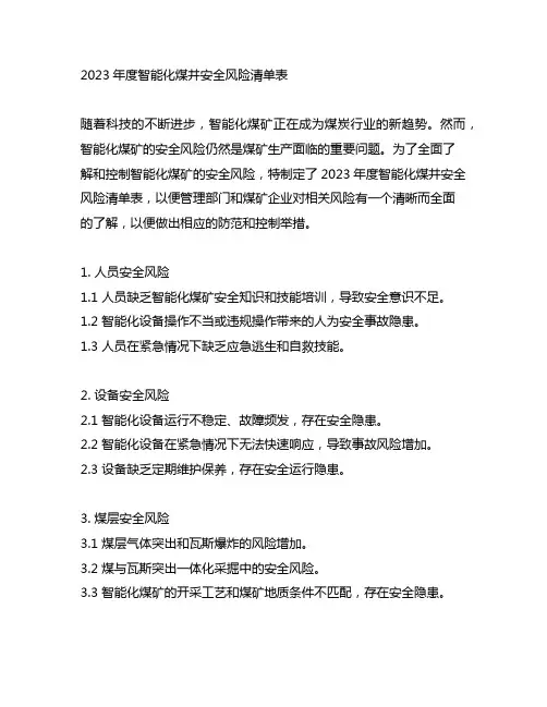 2023年度智能化煤井安全风险清单表