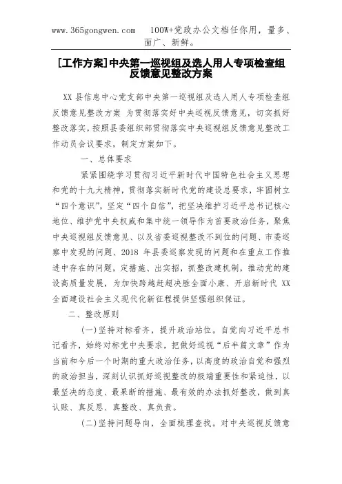 [工作方案]中央第一巡视组及选人用人专项检查组反馈意见整改方案