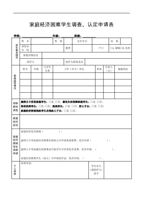 家庭经济困难学生调查、认定申请表
