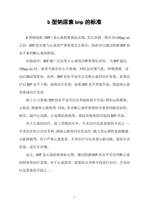 b型钠尿素bnp的标准