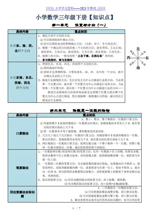小学数学三年级下册各单元重点知识点汇总(表格版)