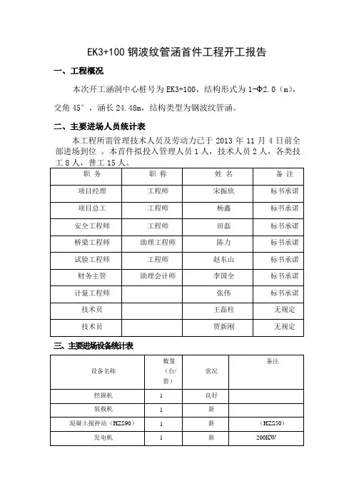 EK3+100钢波纹管涵首件开工报告