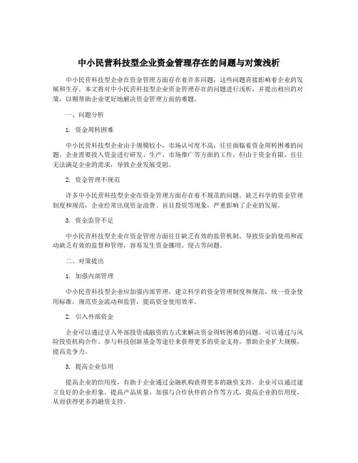 中小民营科技型企业资金管理存在的问题与对策浅析