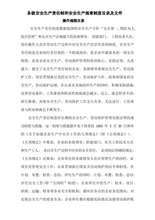 企业各级安全生产责任制和安全生产规章制度目录及文件--操作规程