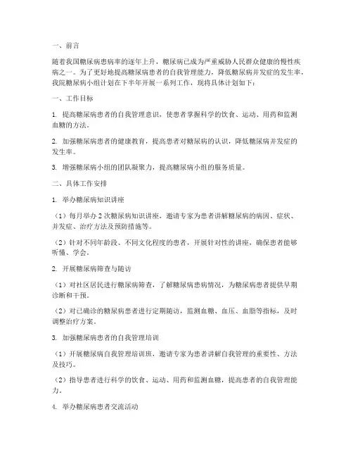 糖尿病小组下半年工作计划