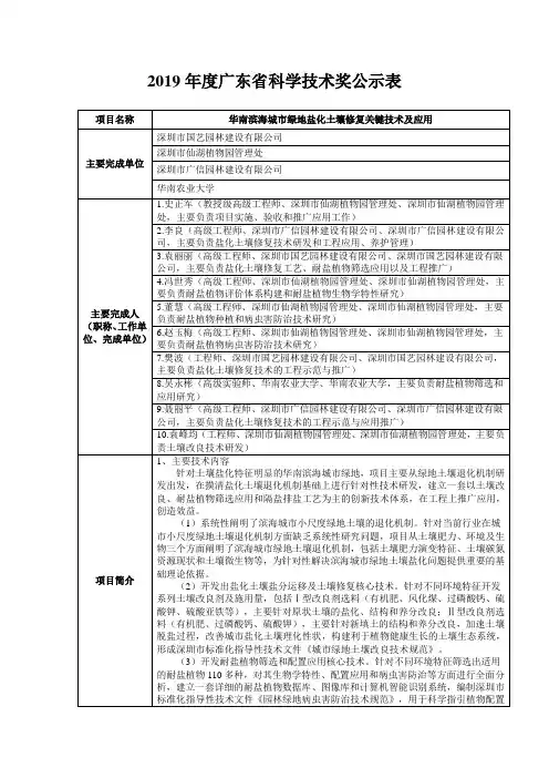 2019年度广东省科学技术奖公示表