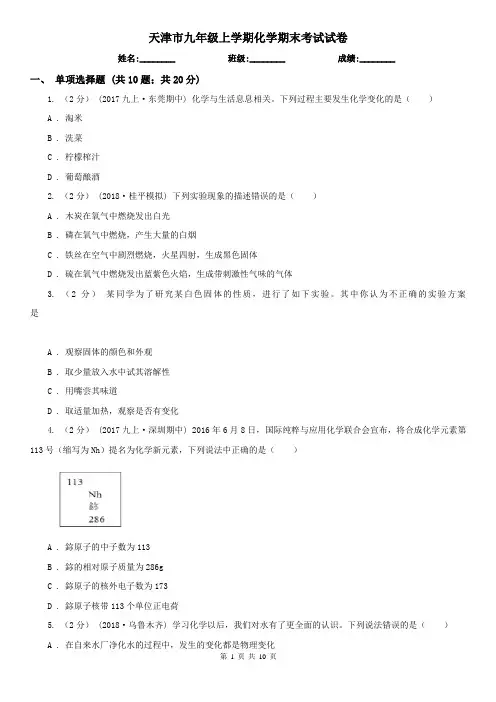 天津市九年级上学期化学期末考试试卷