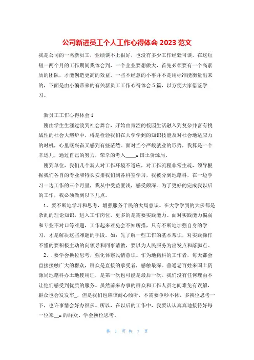 公司新进员工个人工作心得体会2023范文