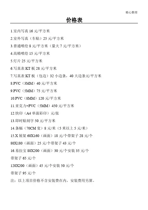 广告公司价格表格模板