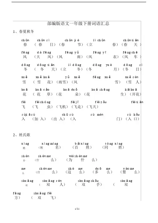 最新部编版语文一年级下册词语汇总.docx