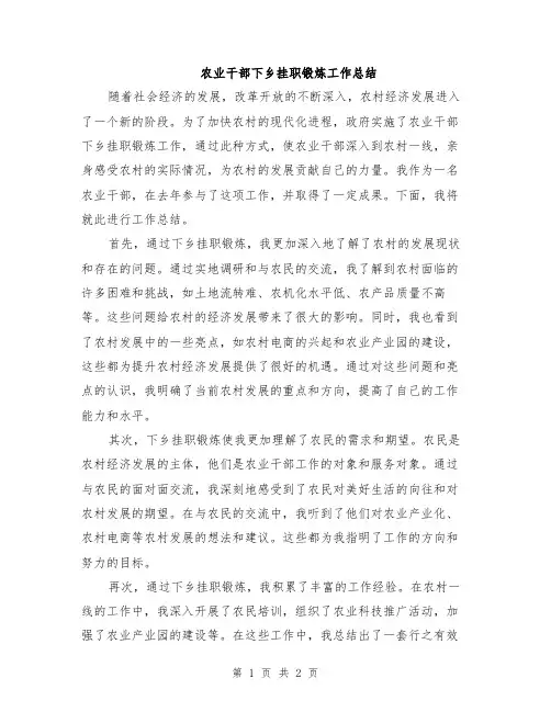 农业干部下乡挂职锻炼工作总结