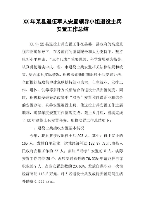XX年某县退伍军人安置领导小组退役士兵安置工作总结
