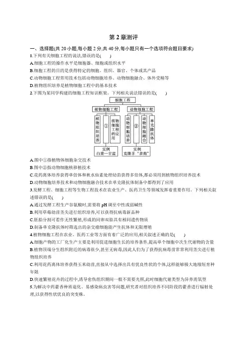 人教C版高中生物选择性必修3第2章细胞工程测评含答案