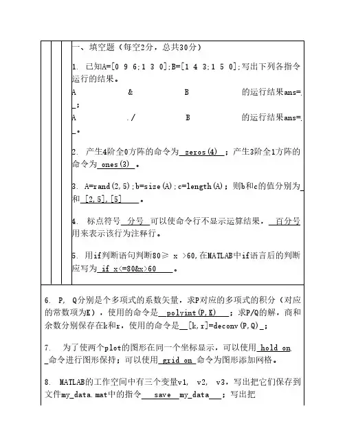 MATLAB期末考试试卷及答案