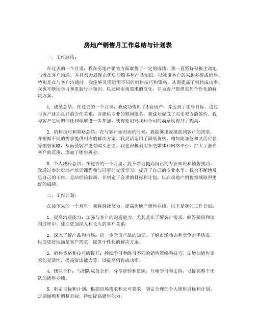 房地产销售月工作总结与计划表