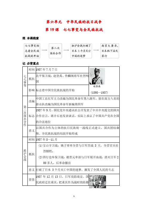 【最新版】人教版八年级上册历史第19课《七七事变与全民族抗战》重要知识点总结