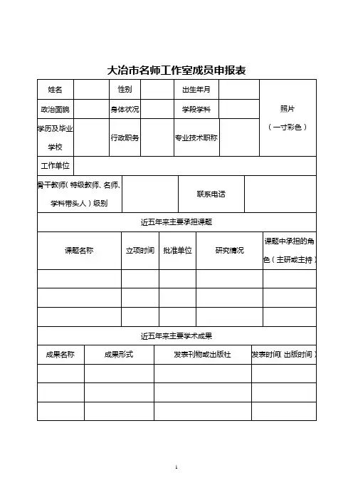 大冶市名师工作室成员申报表