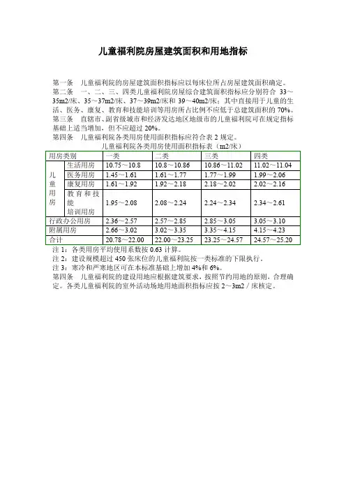 儿童福利院房屋建筑面积和用地指标(标准版)
