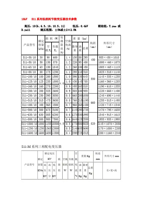 S11变压器型号参数