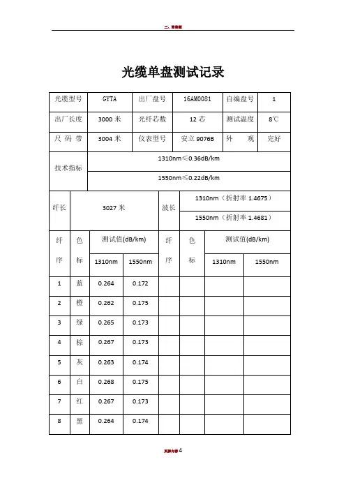 光缆单盘测试记录