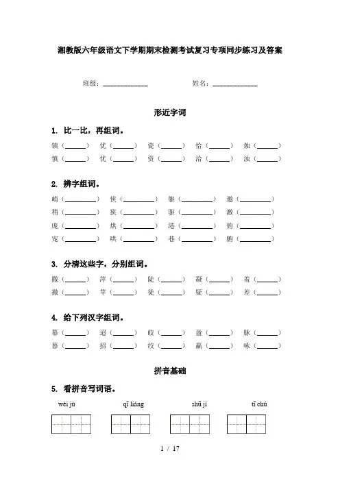 湘教版六年级语文下学期期末检测考试复习专项同步练习及答案