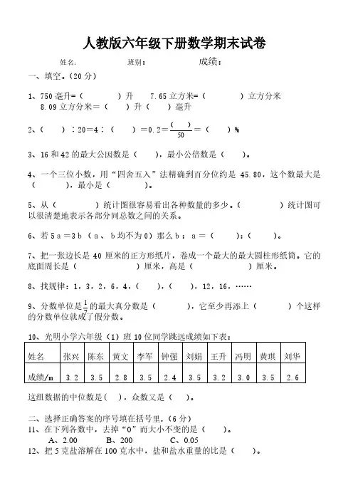 人教版六年级数学下册期末试卷2012年毕业试题.pdf