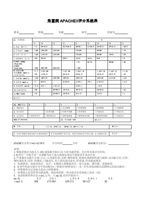 危重病APACHE评分系统表