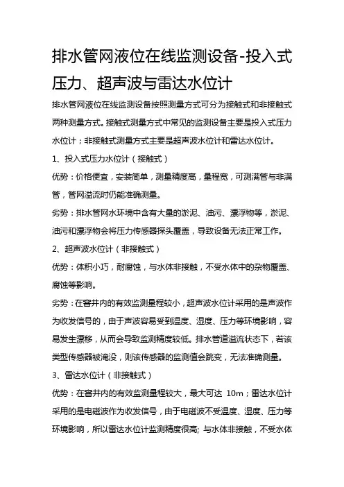 排水管网液位在线监测设备-投入式压力、超声波与雷达水位计