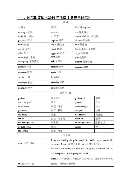超实用高考英语复习：2016年全国1卷完形填空- 完形填空重难点词组整理