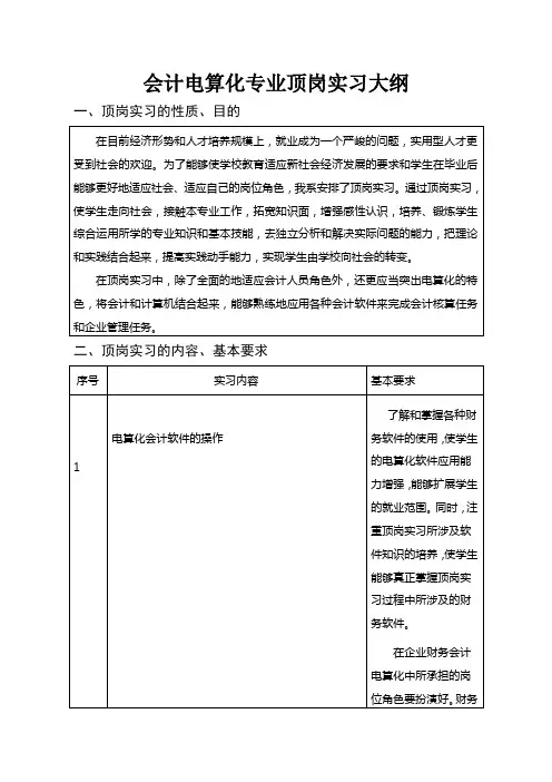 会计电算化专业顶岗实习大纲