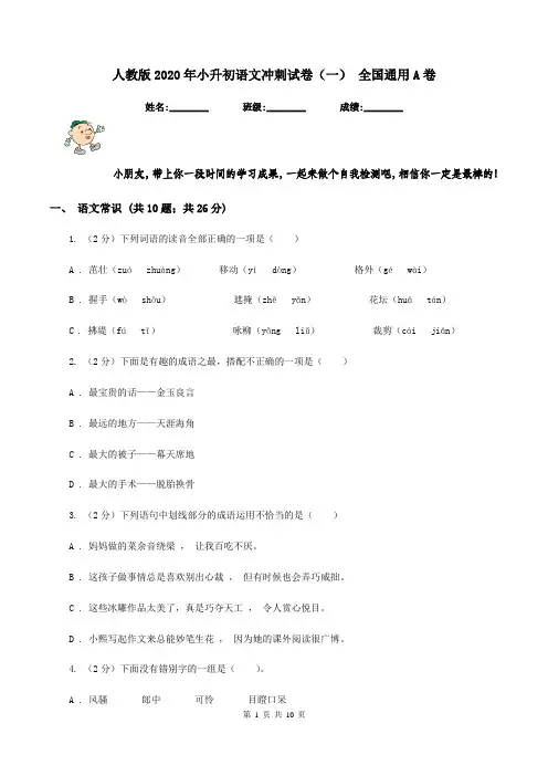人教版2020年小升初语文冲刺试卷(一) 全国通用A卷