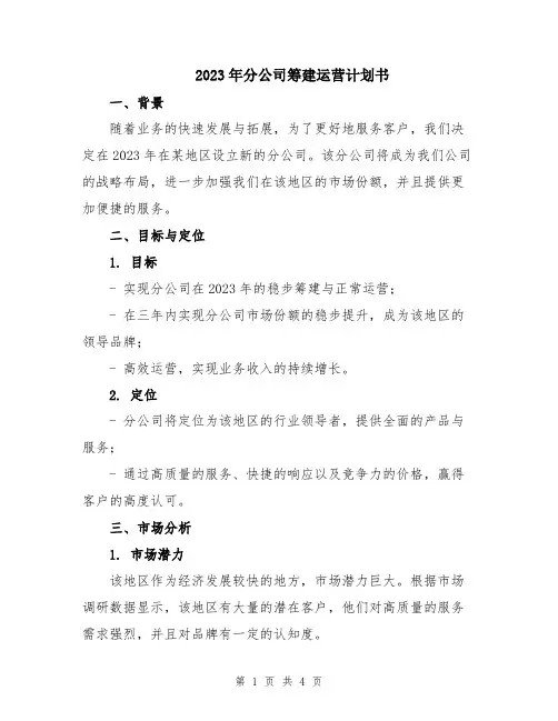 2023年分公司筹建运营计划书
