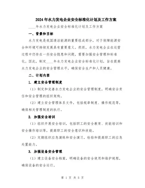 2024年水力发电企业安全标准化计划及工作方案