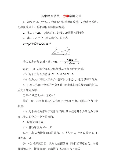 高中物理总结：力学常用公式
