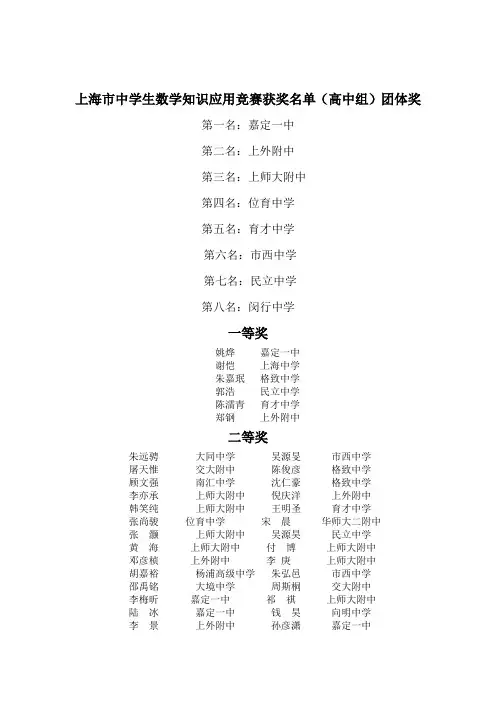 上海市中学生数学知识应用竞赛获奖名单