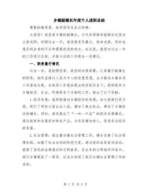 乡镇副镇长年度个人述职总结