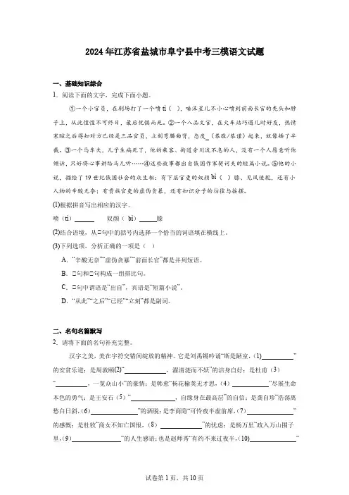 2024年江苏省盐城市阜宁县中考三模语文试题