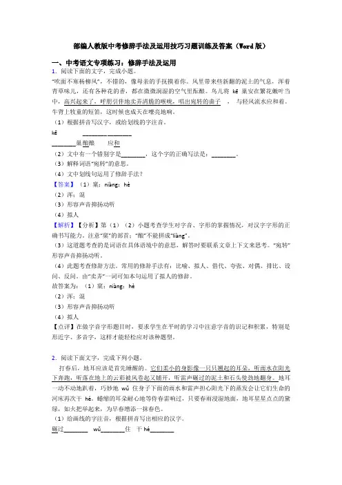 部编人教版中考修辞手法及运用技巧习题训练及答案(Word版)