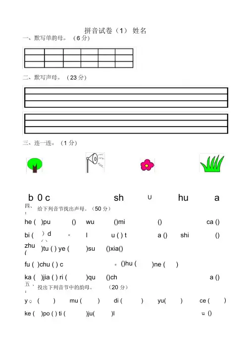 幼儿园大班拼音试卷练习