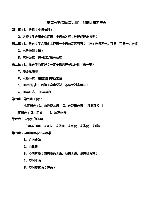 高等数学(同济第六版)上册期末复习重点(可编辑修改word版)